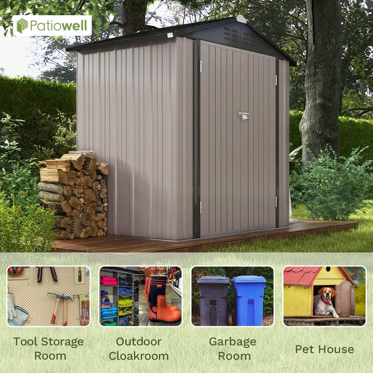 Patiowell 6x4 FT Outdoor Storage Shed, Garden Tool Storage Shed with Sloping Roof and Double Lockable Door, Outdoor Shed for Garden Backyard Patio Lawn, Brown