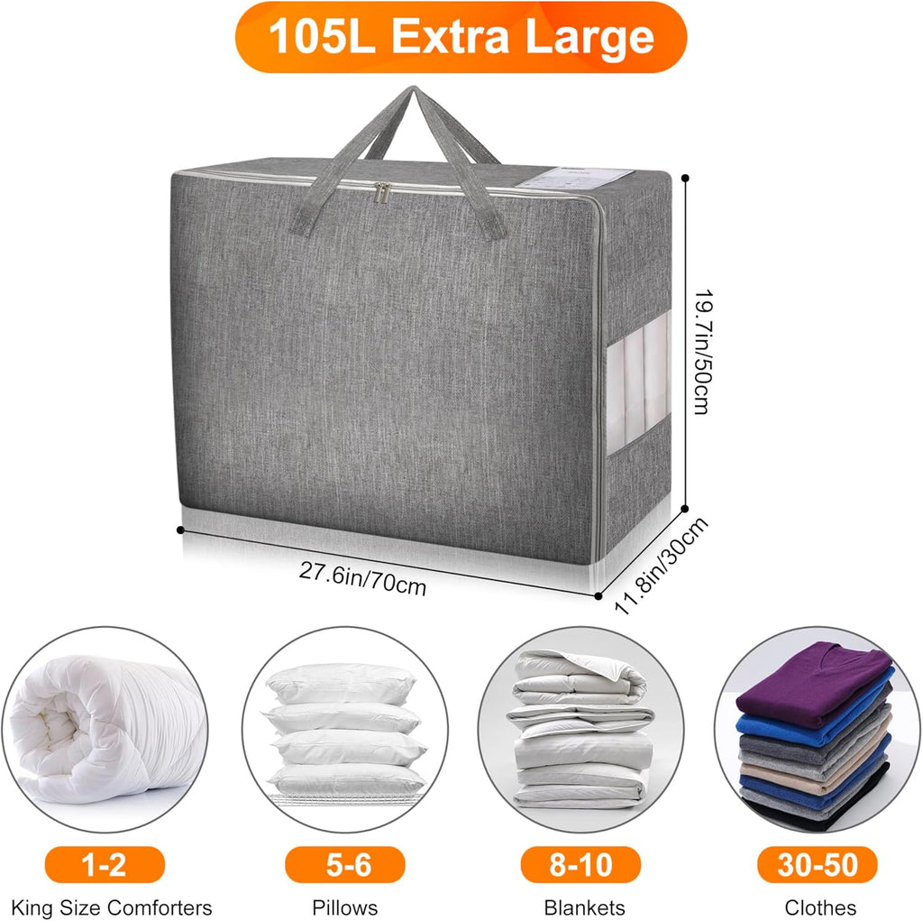 3 Pack 105L Comforter Storage Bags, Extra Large Bedding Storage Bags with Card and Clear Window, Reinforced Handles & Zippers, Foldable Closet Organizers for Blanket Pillow Clothes