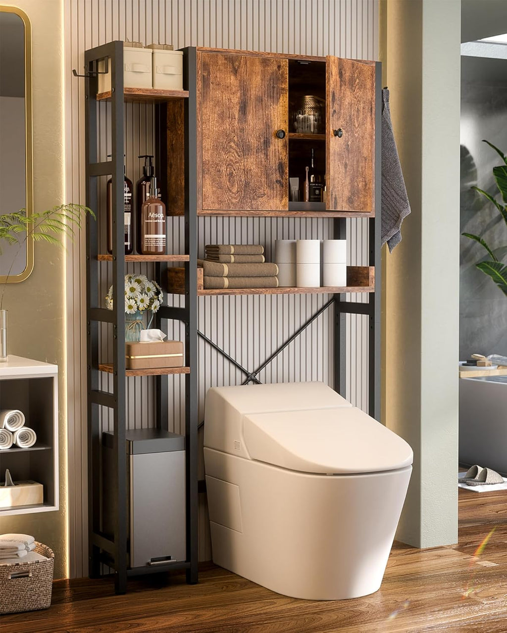 Over The Toilet Storage Cabinet with Doors - 7 Tier Bathroom Organizer with Adjustable Shelf, Freestanding Space Saver Rack Above Toilet Stand with 4 Hooks for Bathroom, Restroom, Laundry, Rustic