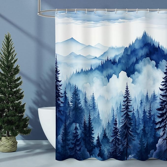 Litabel Navy Blue Misty Pine Forest Shower Curtain, Mountain Foggy Woodland Scenery Tree Shower Curtains for Chic Rustic Bathroom, Abstract Modern Waterproof Nature-Themed Decor, 72x72 Inches