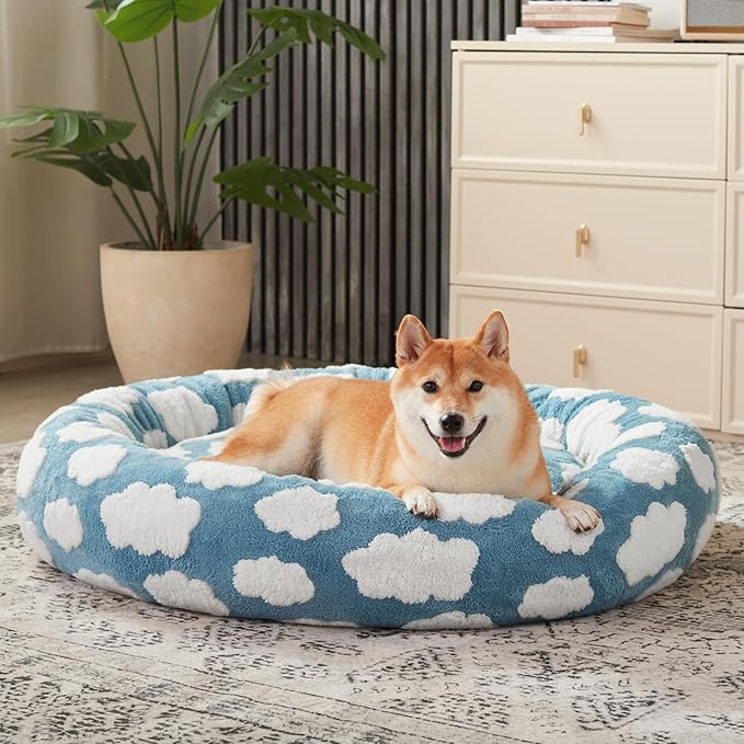 JOEJOY Donut Cat Beds for Indoor Cats, Round Calming Small Dog Bed with Removable Washable Cover, Orthopedic Cute Puppy Kitten Pet Bed with Jacquard Shaggy Plush & Non Skid Bottom, Black