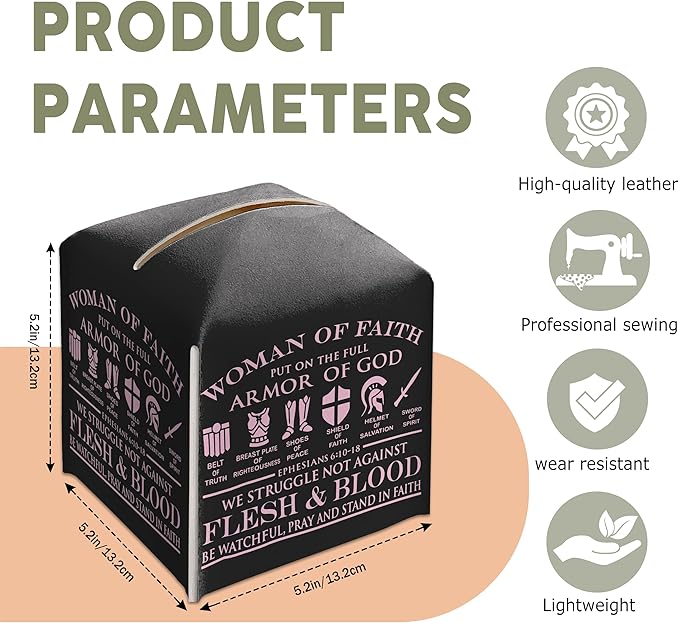 Tissue Box Gifts with Leather Cover Square, Woman of Faith Gift Ideas for Friends, Black Tissue Box, Armor of God, Desk Decor for Bathroom Office, New Home Favor-(5.2 Inches)