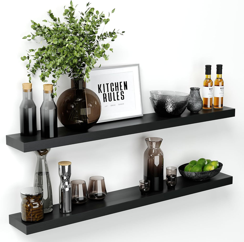 Homeforia Black Floating Shelf 48 inches, High End Solid Real Wood 48 inch Long Floating Shelves for Wall, Black Wooden 48inch Large Floating Shelves, Heavy Duty Bracket, 48 X 6.5 X 1.75 in, Set of 3