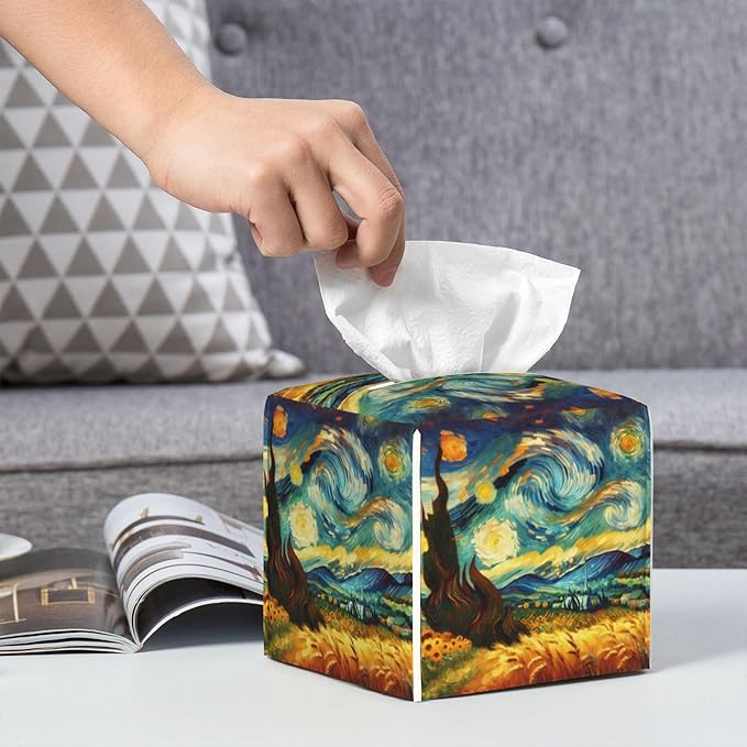 Starry Night Tissue Box Cover Square, Abstract Impressionist Oil Painting Tissue Box Holder Waterproof Leather Facial Paper Organizer Dispenser for Bathroom Home Car Nightstand Vanity Desk