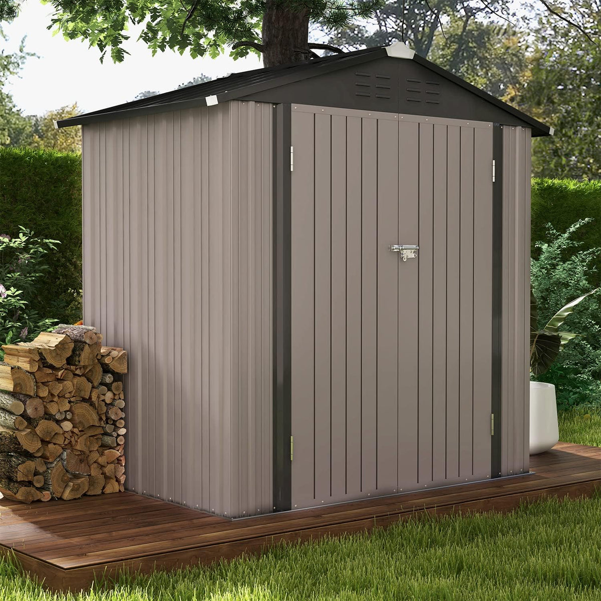 Patiowell 6x4 FT Outdoor Storage Shed, Garden Tool Storage Shed with Sloping Roof and Double Lockable Door, Outdoor Shed for Garden Backyard Patio Lawn, Brown