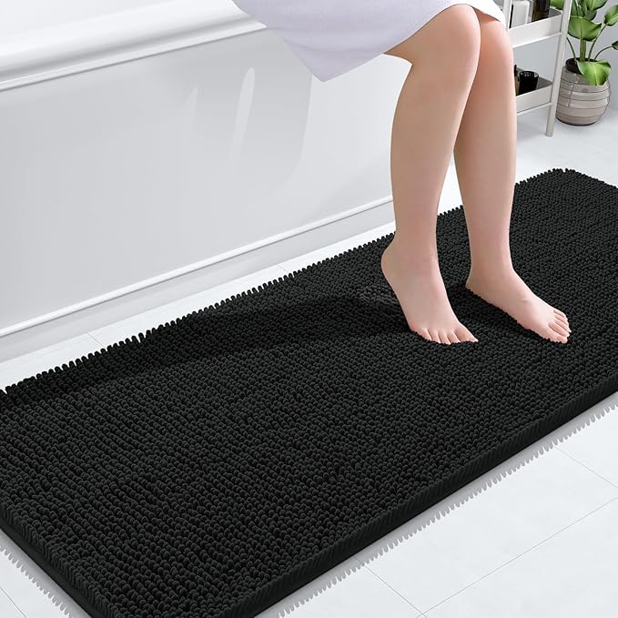 OLANLY Bathroom Rugs 59x24, Extra Soft Absorbent Chenille Bath Rugs, Rubber Backing Quick Dry, Machine Washable Bath Mats for Bathroom Floor, Tub and Shower, Home Decor Accessories, Black