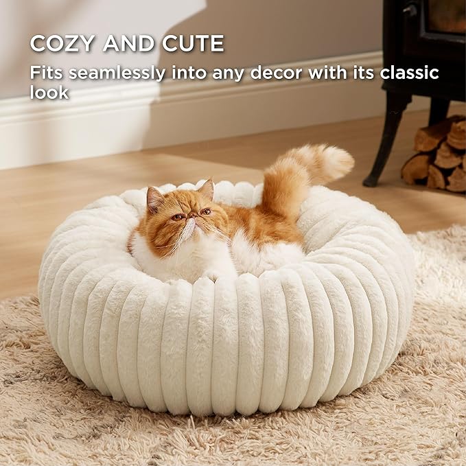 Bedsure Cat beds for Indoor Cats - Donut Dog Beds for Small Dogs with Corduroy Fleece & Anti Slip Bottom, Faux Fur Pet Beds with Washable Removable Cover, Cream, 20x20x6 inches