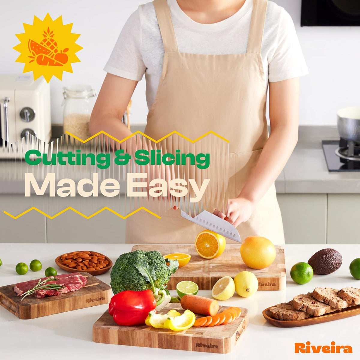 Riveira Acacia Wood Cutting Board – Gourmet Acacia Grandeur: 14 x 14 Wooden Cutting Board – Natural Wooden Cutting Boards For Kitchen Decorative – Innovative Juice Grooves Acacia Wooden Chopping Board