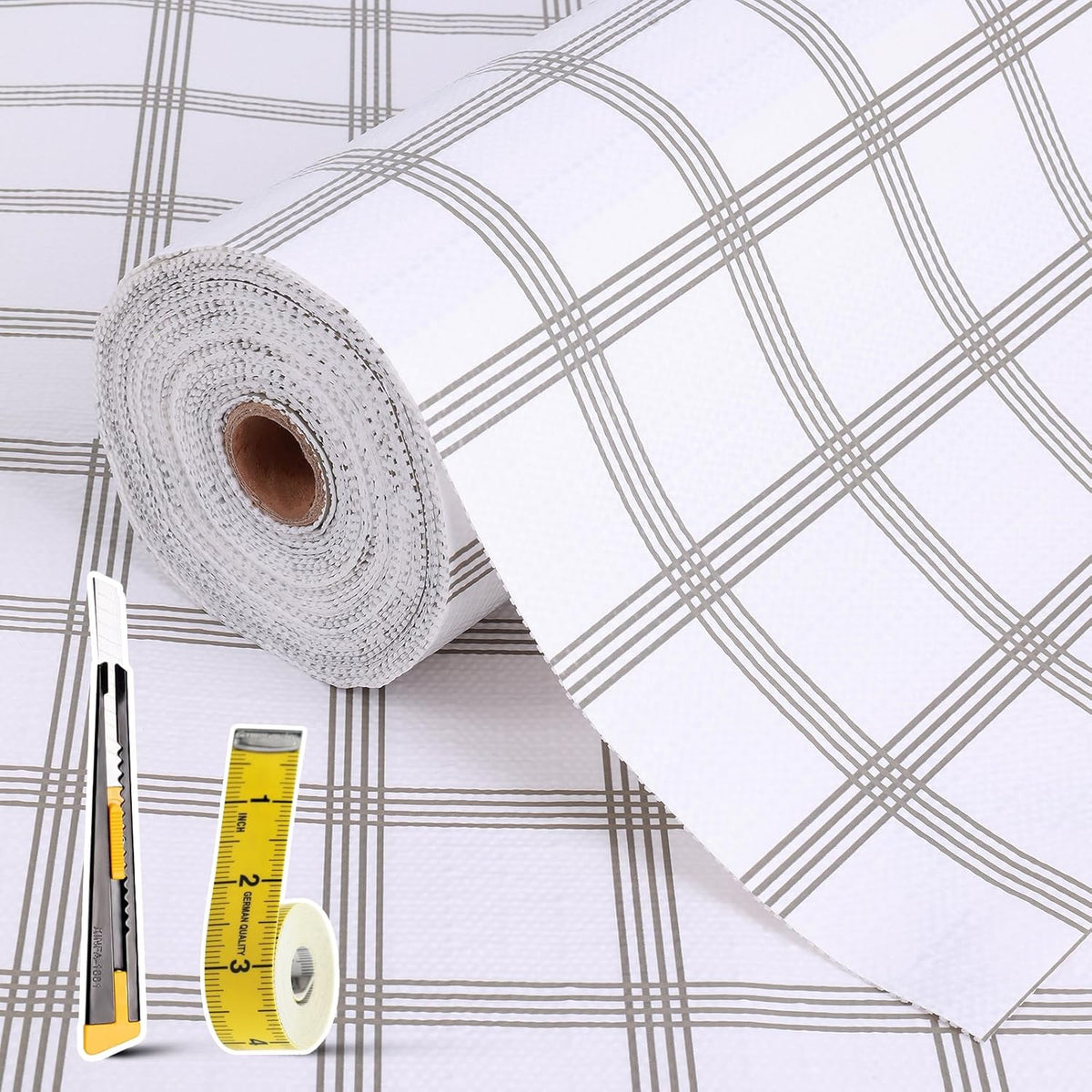 Drawer and Shelf Liner for Kitchen Cabinet: 12 in X 30 Ft Non Slip Waterproof Shelf Paper Non Adhesive Refrigerator Liners White Square Easy Liners for Bathroom Cupboard with Knife Tape Measure