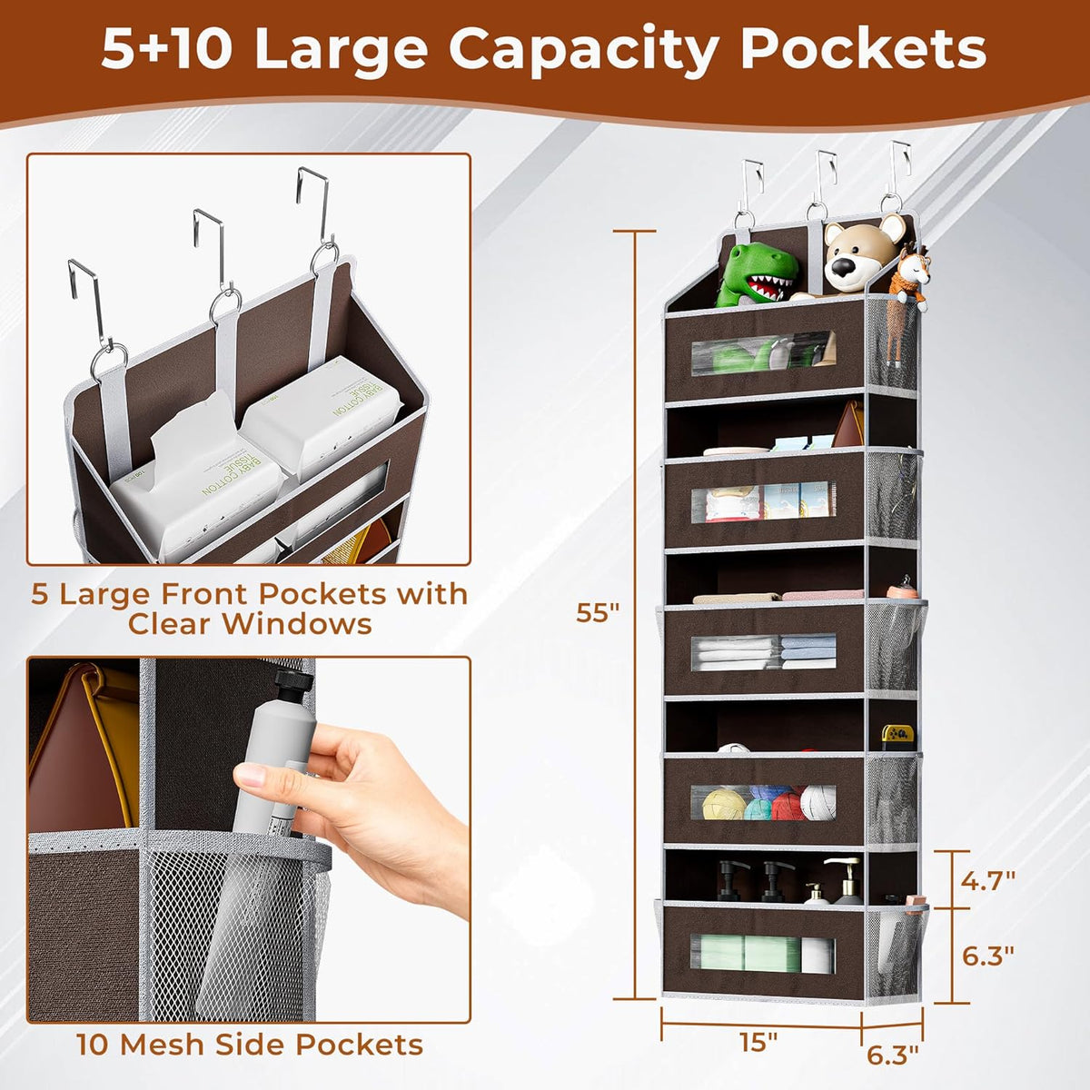 2 Packs 5-Tier Over the Door Storage Organizer with 10 Side Mesh Pockets, 48 lbs Load Capacity, 3 Hooks Design, Hanging Organizer with Clear Windows for Bathroom, Bedroom, Nursery, Kitchen-Brown