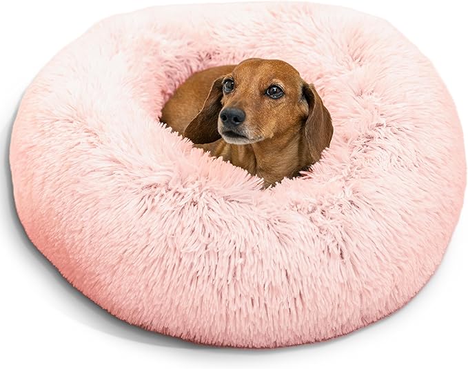 Best Friends by Sheri Original Calming Donut Dog and Cat Bed, Shag Faux Fur, Cotton Candy Pink, (23in x 23in) - Anxiety Relief for Pets Up to 25 lbs
