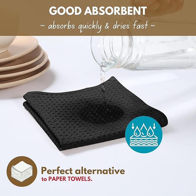 Native Fab 18 Pack Waffle Dish Cloths - 100% Cotton, 12x12 inch, Absorbent, Quick Drying, Washable Towels for Cleaning, Cooking & Baking - Perfect for Home, Restaurants, Bars, Multi Use - Black