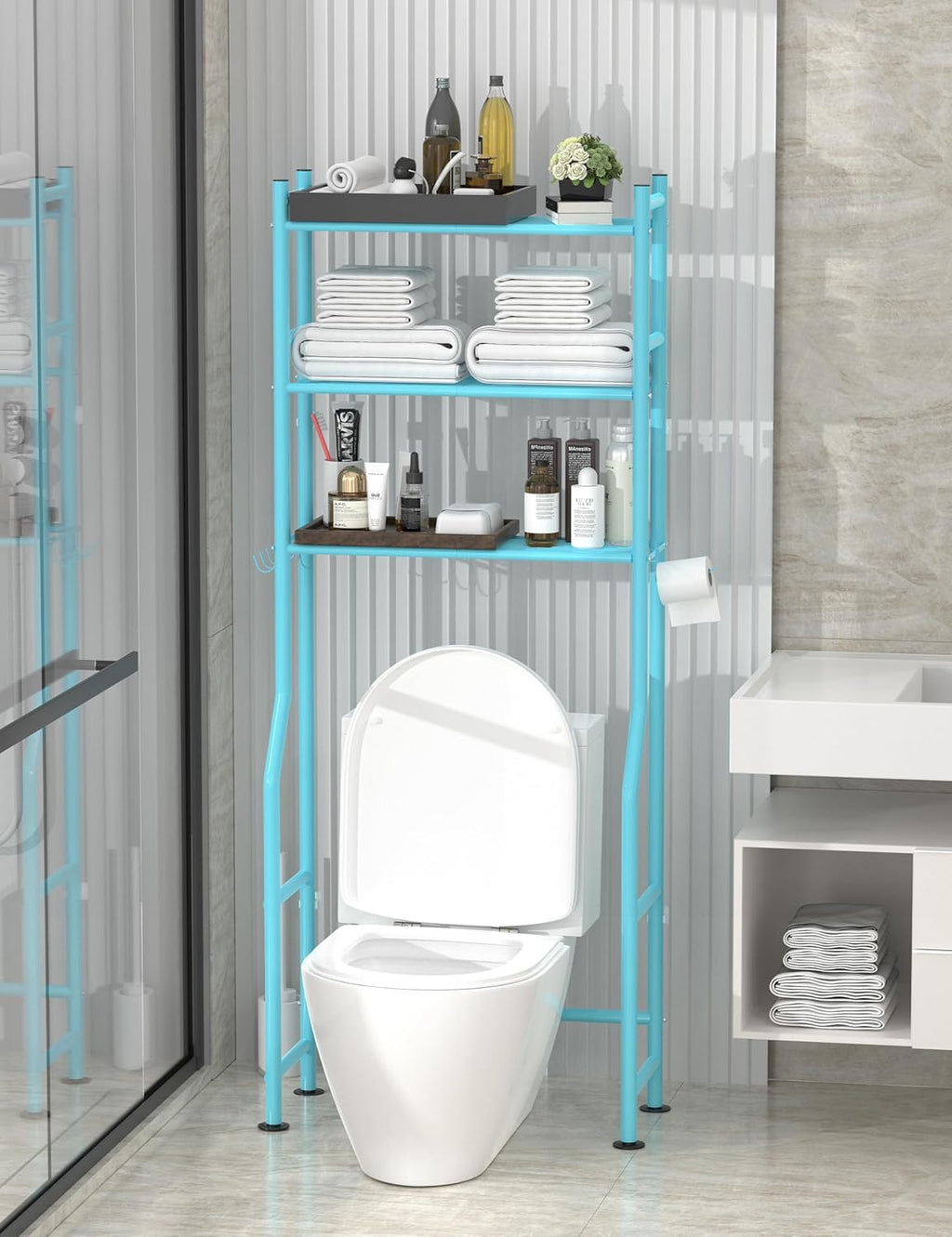3-Tier Over The Toilet Storage, Freestanding Metal Bathroom Shelves with 4 Hooks, Over Toilet Storage Shelf with Paper Holder, Above The Toilet Shelf for Bathroom Storage, Blue