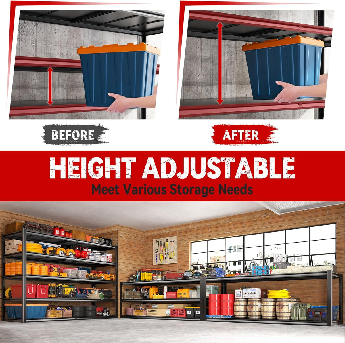 REIBII 78" H Storage Shelves, Garage Shelving Heavy Duty Load 3000LBS, Adjustable Garage Shelving, 5 Tier Metal Shelves Unit for Storage Rack, Basement, 55" W x 26" D x 78" H, Black, 2 Pack