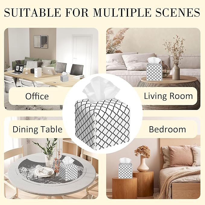 POIUBLE Leather Tissue Box Holder Black and White Quatrefoil Tissue Box Cover Square Waterproof Tissue Holder Organizer Modern Napkin Holder for Bedroom Dresser Night Stand Office Desk
