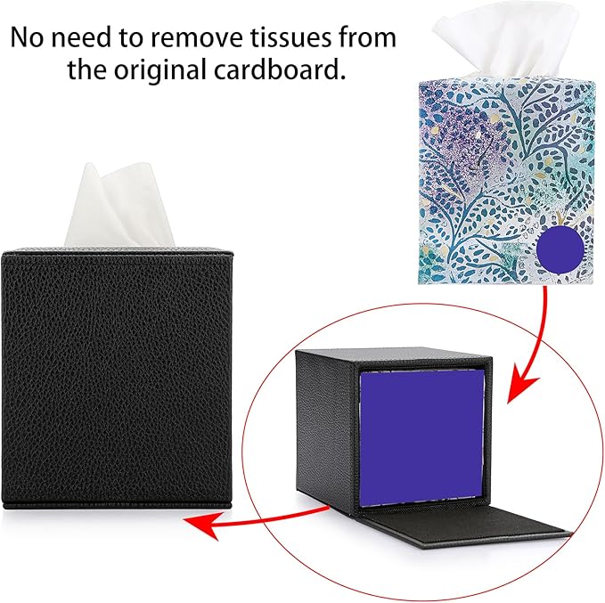 Sumnacon Tissue Box Cover Square Tissue Box Stylish PU Tissue Box Holder with Magnetic Bottom,Leather Cube Tissue Cover for Living Room Bathroom Bedroom Table Desk Home Office Car, Black