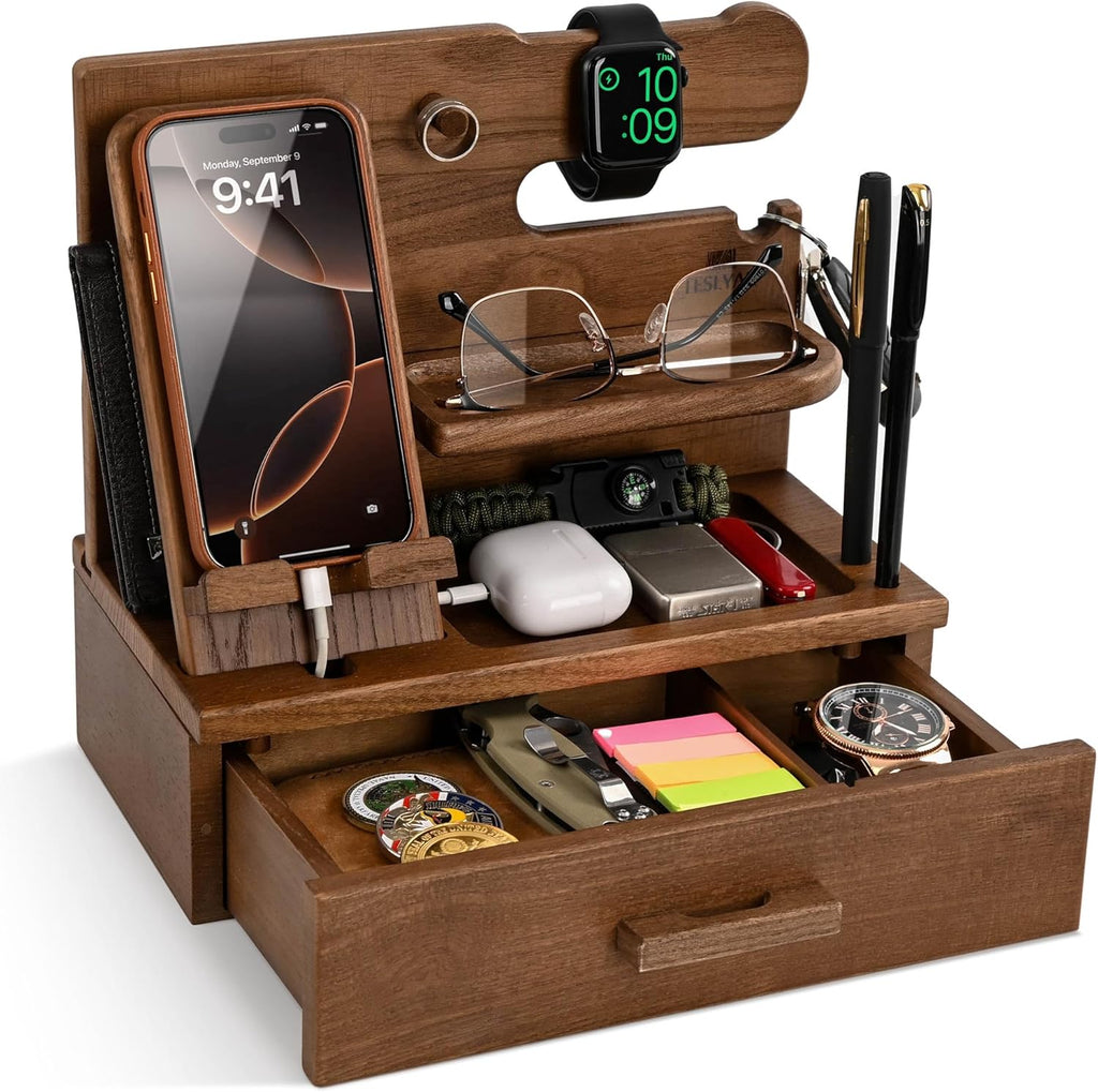 TESLYAR Wood Phone Docking Station with Drawer - Nightstand Organizer - Desk Organizer for Husband - Birthday Gifts for Men, Dad, Anniversary Idea, Key Holder Stand Watch & Accessories (Desert Beige)
