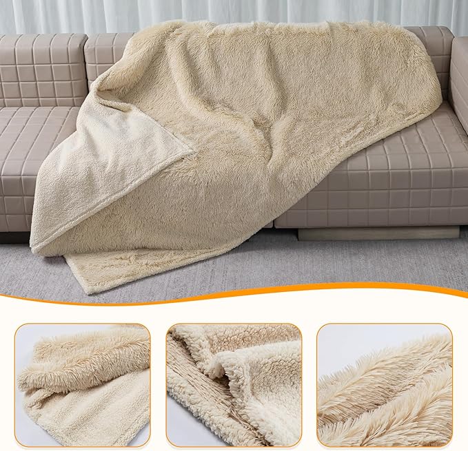 Maidewow Long Faux Fur Calming Dog Blankets for Bed Covers Fluffy Sherpa Fleece Blanket Couch Cover Protection for Big Dogs and Pets(Cream,XL-85x57in)