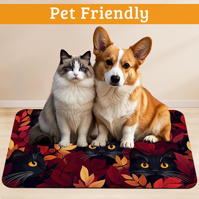 Dog Bowl Mat,Black Cat Pet Feeding Mat for Floors Waterproof,Forest Red Absorbent Dogs Placemat for Food and Water Quick Dry Pet Cat Feeding Mats with Non Slip Bottom 16" x 24"