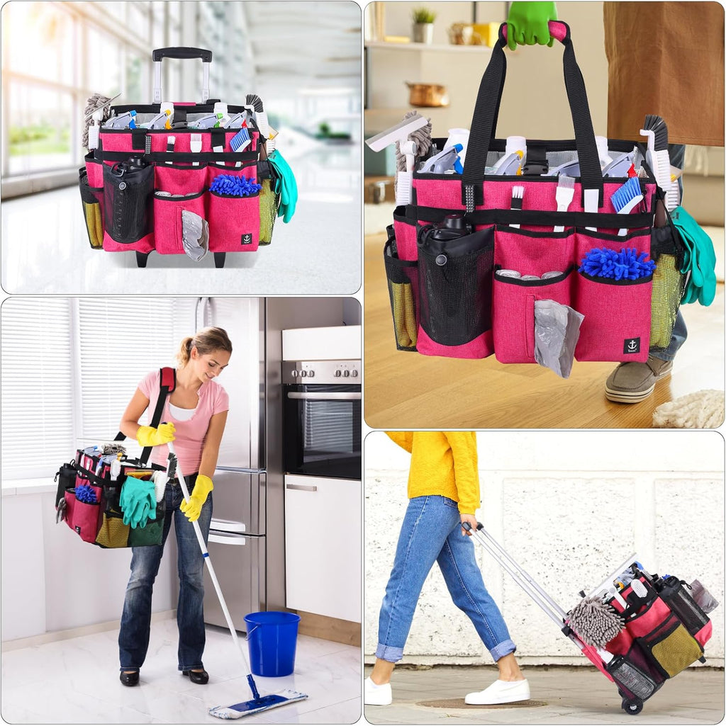Extra Large Rolling Cleaning Caddy Bag with Detachable, Foldable Trolley Portable Cleaning Cart for Housekeeping Cleaning Caddy with Adjustable Shoulder Strap and Multiple Storage Pockets