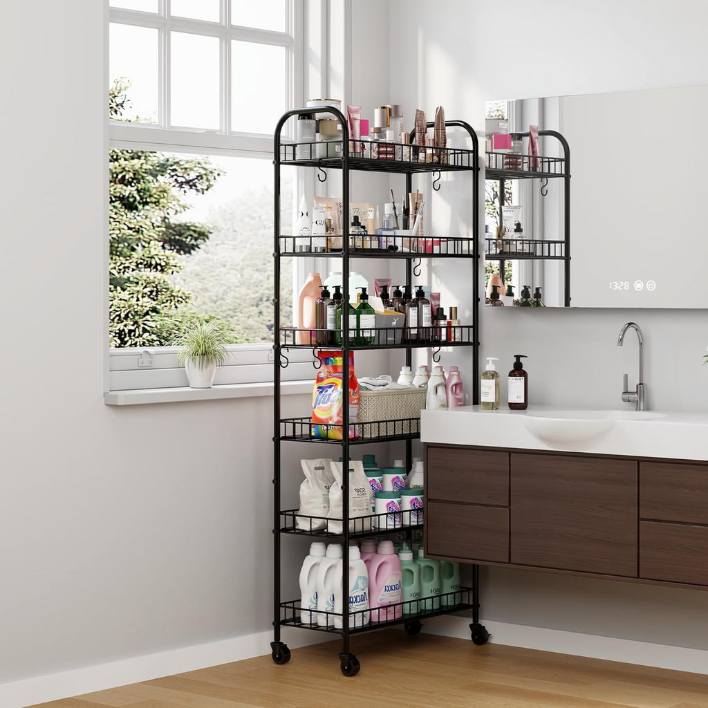 6 Tier Slim Storage Cart with Wheels, Metal Mobile Shelving Unit Organizer Utility Cart for Office Bathroom Kitchen Laundry Room Narrow Places (10inches)