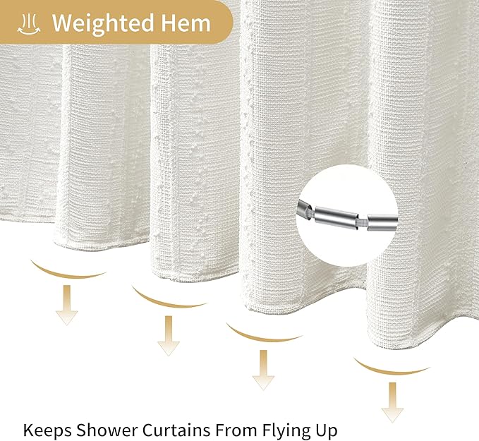 Lameirose Extra Long White Shower Curtain Boho, 72 x 84 Cotton Blend Waffle Weave Stripe Textured Heavy Duty, Fabric Shower Curtain for Bathroom, Hotel, Washable