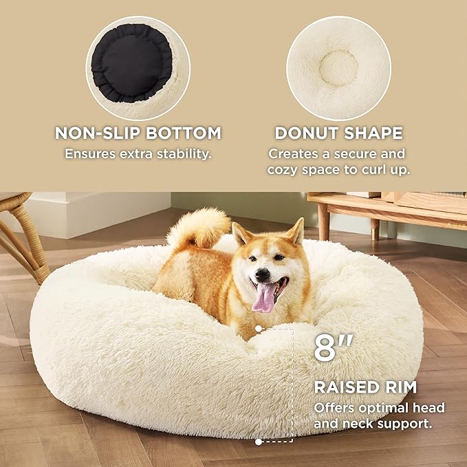 Bedsure Calming Dog Bed for Medium Dogs - Donut Washable Medium Pet Bed, Anti-Slip Round Fluffy Plush Faux Fur Cat Bed, Fits up to 45 lbs Pets, Ivory Beige, 30 inches