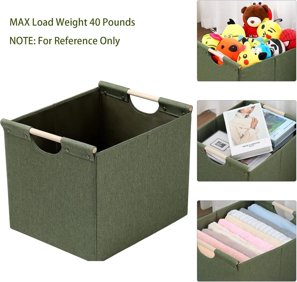 HOONEX Large Collapsible Storage Bins, Linen Fabric, Pack of 2, Storage Baskets with Wooden Carry Handles and Sturdy Heavy Cardboard, for Home, Office, Car, Nursery, Olive