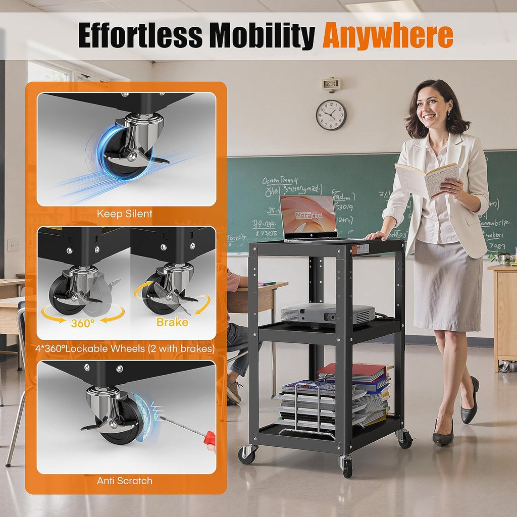 3 Shelf Metal Utility Cart - Durable Computer Cart on Wheels with Power Strip,Height Adjustable AV Presentation Cart Stand for Movie Projector,TV and Laptop Computers,Easy to Assemble, Black