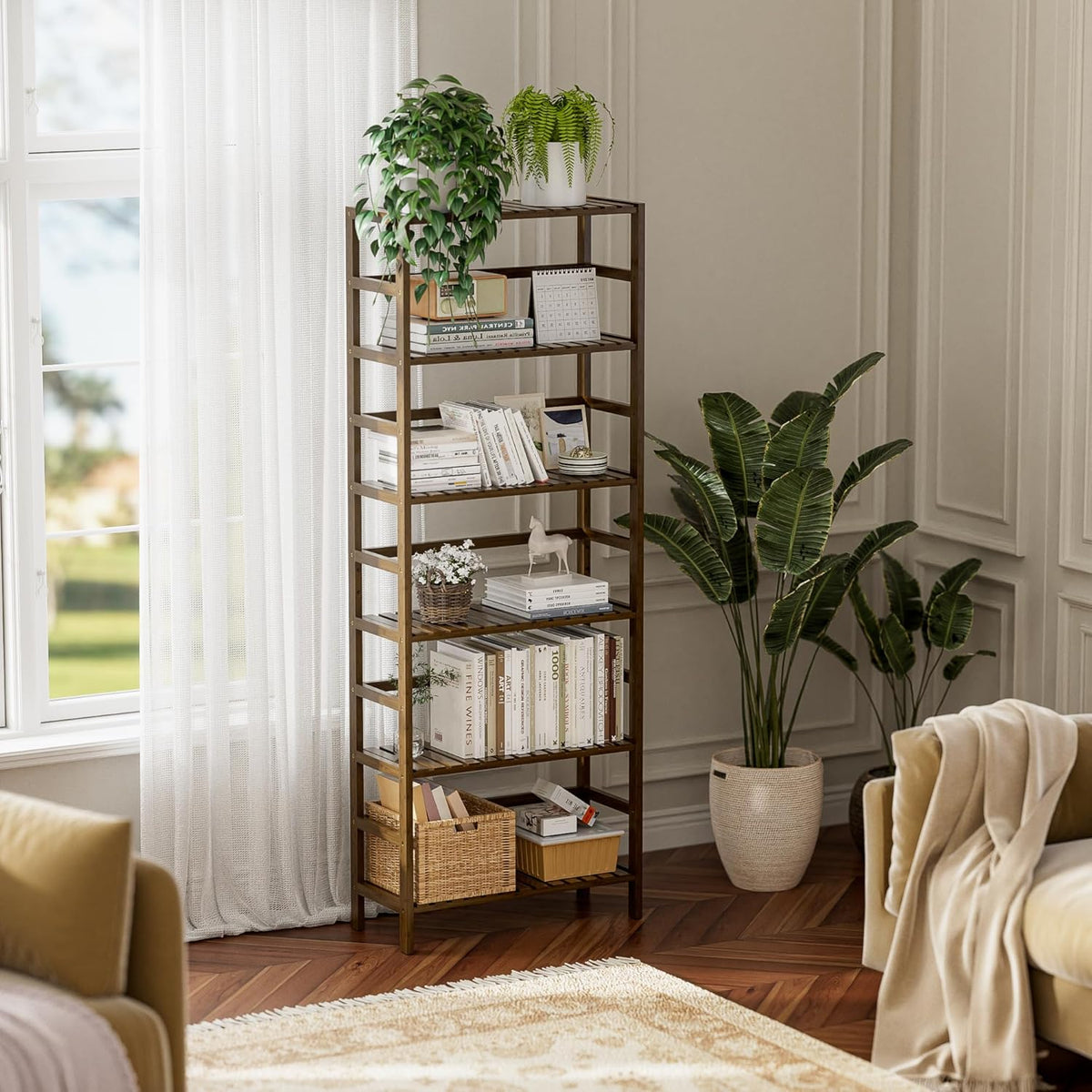HITNET Bookcase, Bamboo Bookshelf, 6-Tier Adjustable Tall Open Book Shelf, Free Standing Storage Shelves Organizer, Flower Plant Display Stand, Walnut