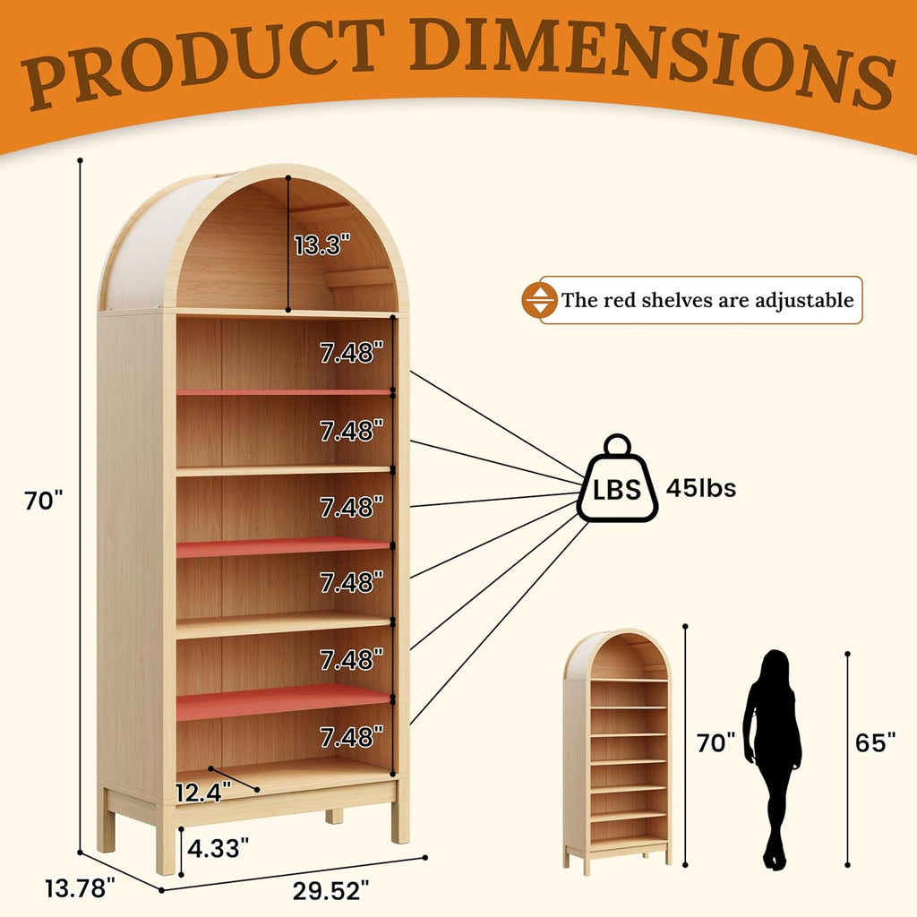 70" Tall Arched Shoe Cabinet, 7-Tier Shoe Rack with 3 Adjustable Shelves, Large Freestanding Shoe Organizer for Entryway, Closet, Hallway, Living Room (Natural Oak)