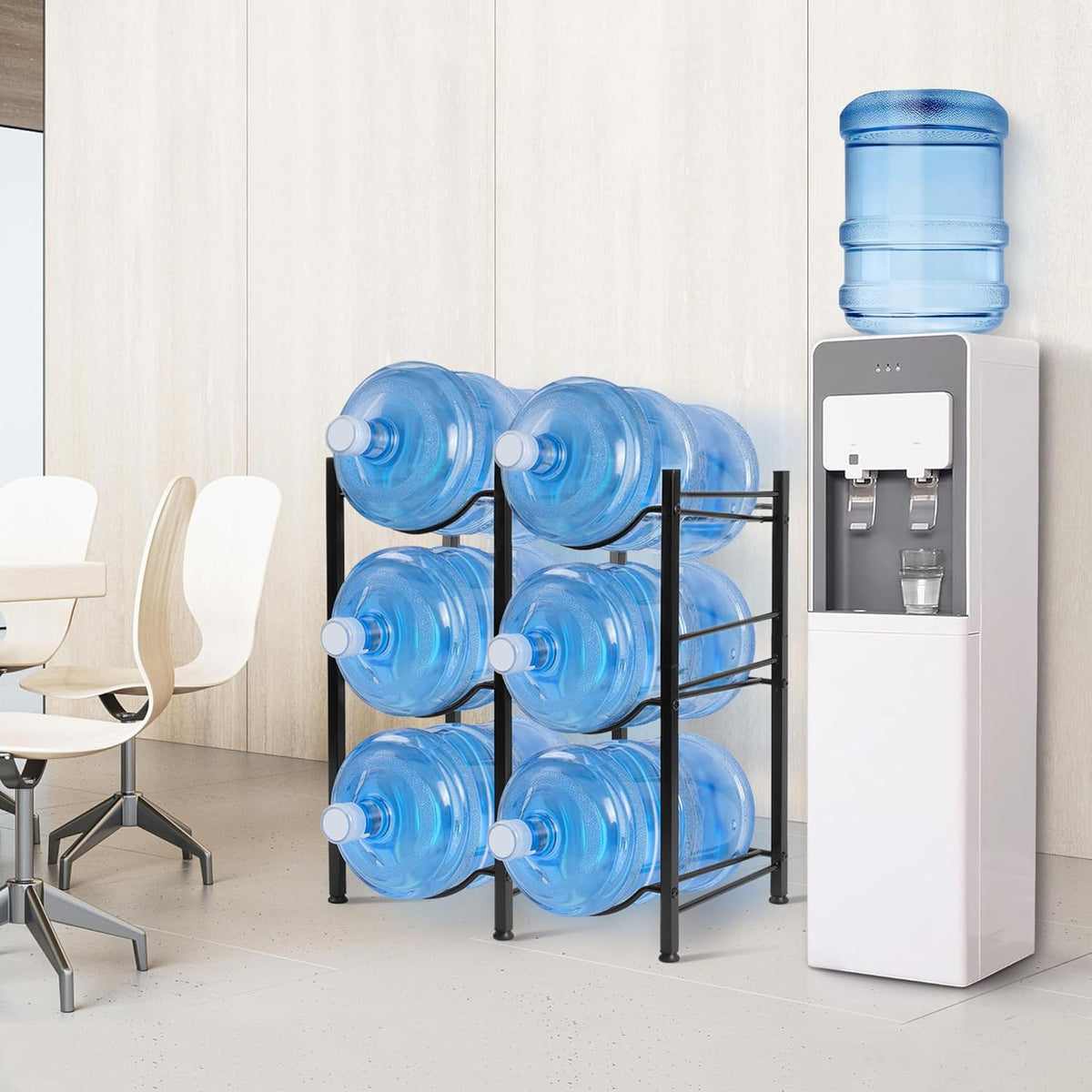 Klvied 5 Gallon Water Jug Holder - 3 Tier Rack, Heavy Duty Stand for 6 Bottles with Lifter and Cap