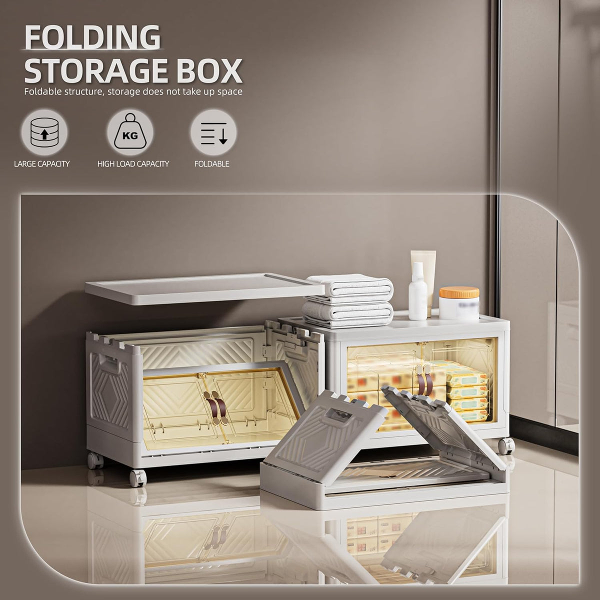 68 QT / 17 Gal White Storage Bins with 1 Lid - Collapsible Stackable Cabinet Organizer w/Wheels & Magnetic Doors, Plastic Storage Box for Office Closet Organization