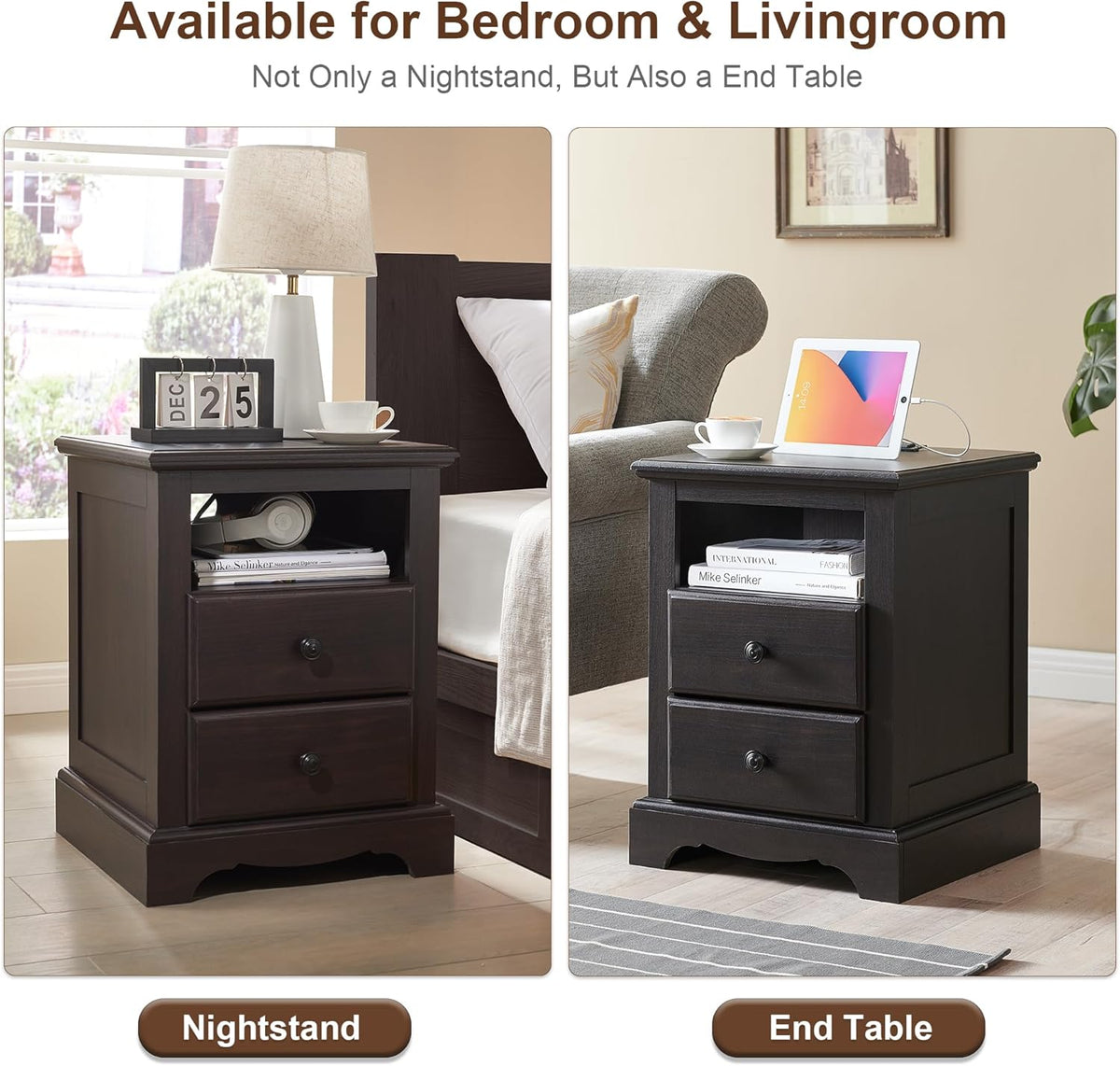 T4TREAM Nightstand with Charging Station, 18 Inch Vintage End Table with 2 Drawers for Living Room, Wood Rustic Sofa Side Table with Open Storage Shelf for Bedroom, Espresso