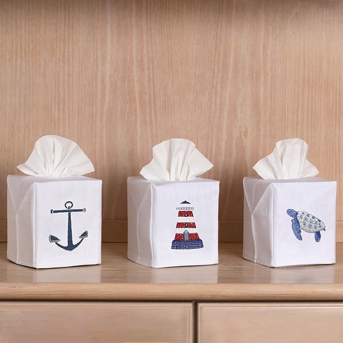 Jacaranda Living Square Tissue Box Cover, Linen/Cotton Fabric Tissue Holder, Decorative Cloth Tissue Cube Cover, Coastal Designs Standing Anchor (Navy)