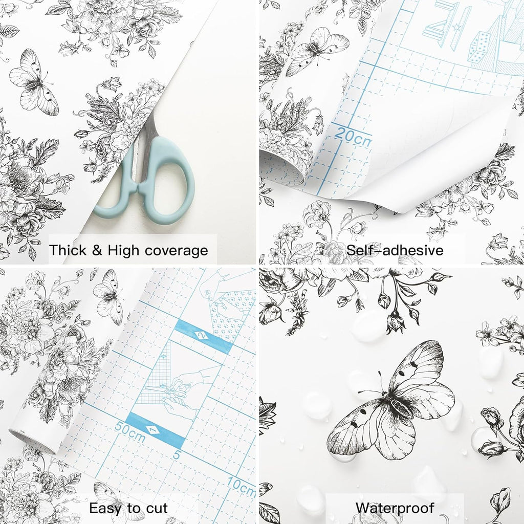 Floral and Butterfly Self Adhesive Shelf Liner for Kitchen Bedroom Cabinets Waterproof Drawer Liner Dresser Vinyl Rolls 17.7In X 78.7In