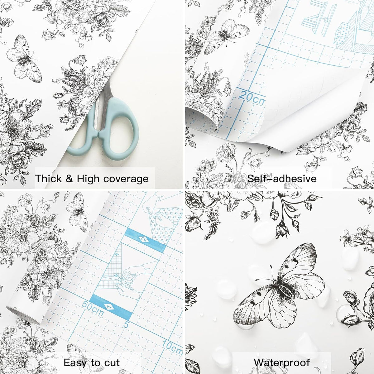 Floral and Butterfly Self Adhesive Shelf Liner for Kitchen Bedroom Cabinets Waterproof Drawer Liner Dresser Vinyl Rolls 17.7In X 78.7In