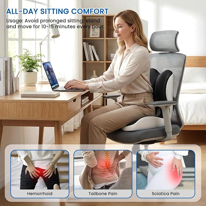 Seat Cushion, Memory Foam Car Seat Cushion with L-Shaped Ergonomic Design, Tailbone Pain & Sciatica Pain Relief Cushion for Office Chair, Car, Truck Drivers, Long Work Sessions and Wheelchair
