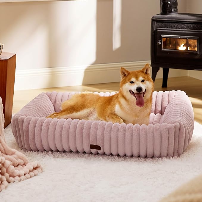 Bedsure Cute Dog Bed for Large Dogs - Washable Furry Puppy Beds, Rectangle Orthopedic Corduroy Fleece Pet Beds with Removable Zipper Cover, 36x27x8inches, Blush Pink