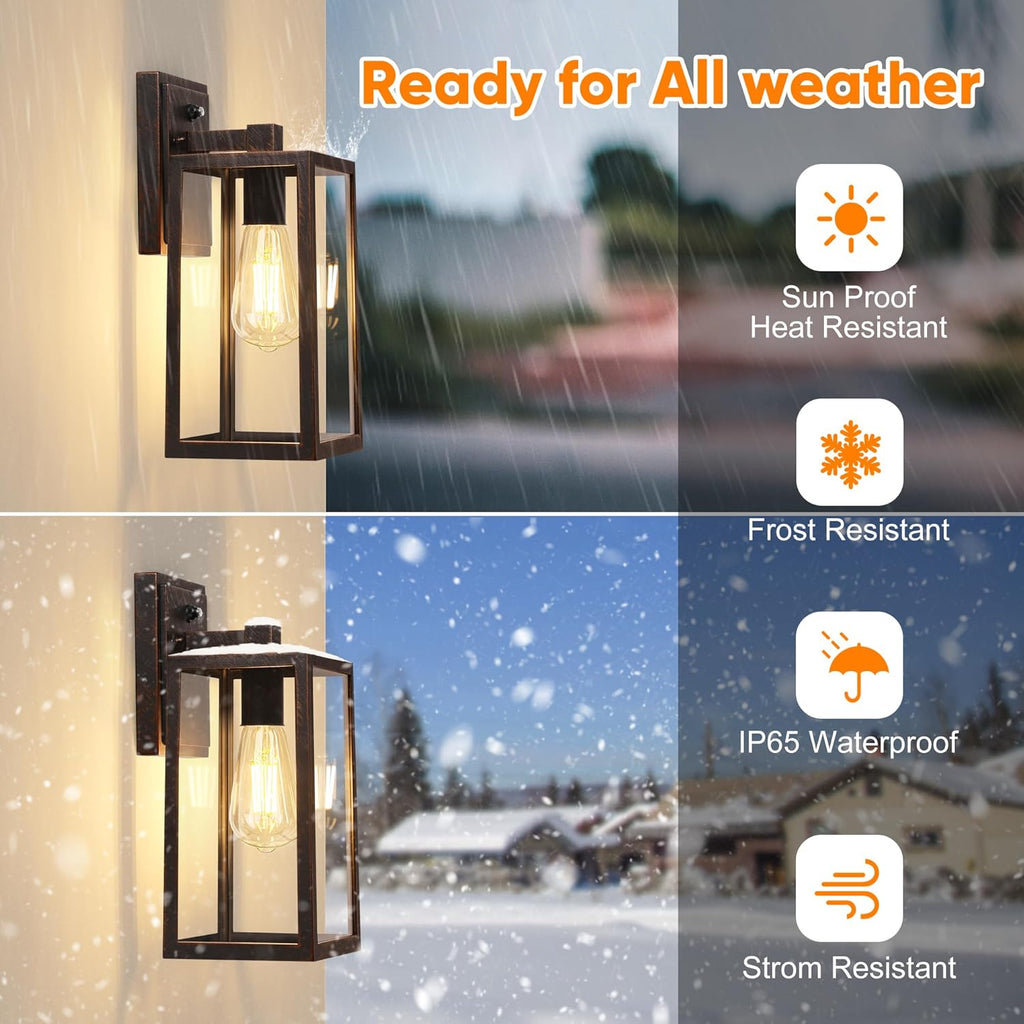 PARTPHONER Dusk to Dawn Porch Light Fixtures, Black Brushed Gold Exterior Lighting Lamp, Sensor Wall Lantern, Waterproof Outdoor Wall Sconce for House Doorway, Garage 2 Pack