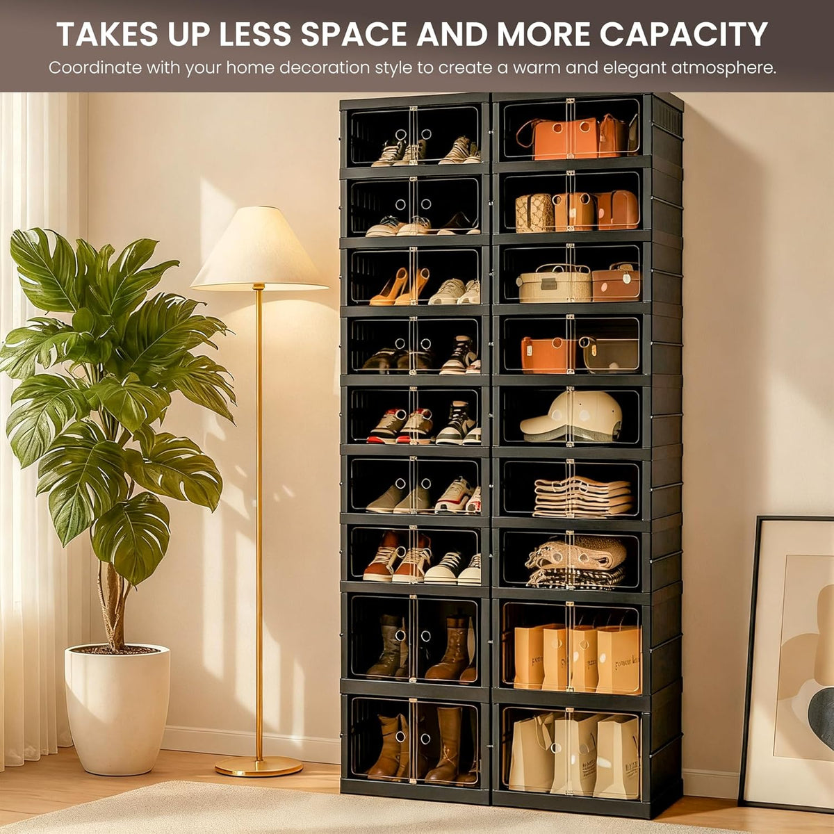 Foldable Shoe Organizer Storage Box Set of 2, Portable Extra Large Folding Shoe Rack for Closet, Shoe Storage Box with Magnetic Transparent Door and Wheels, 9 Layers 18 Grids with 4 Big Grids