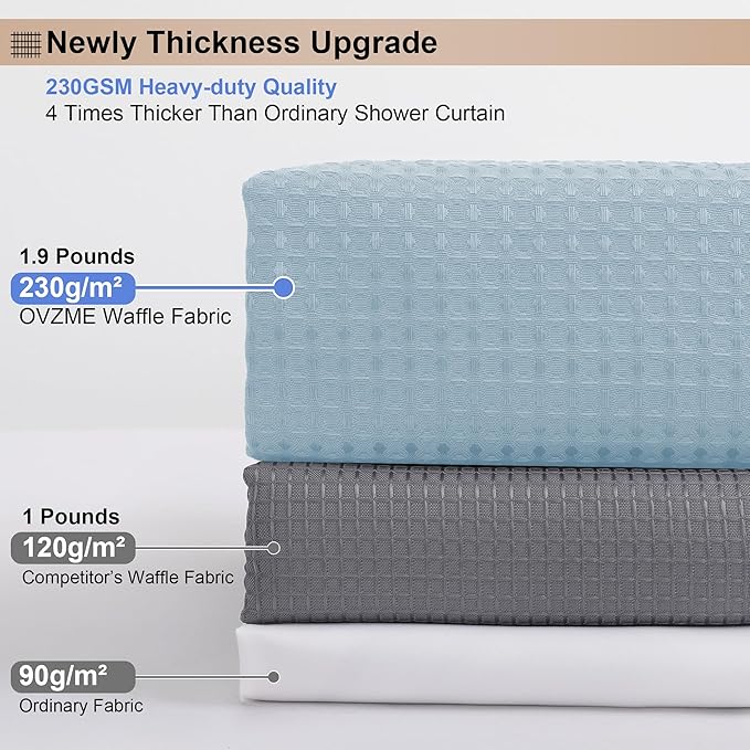 OVZME Extra Long Shower Curtain Set - 84 Inch Long Waffle Weave Heavy Duty Cloth Shower Curtain for Bathroom, Luxury Weighted 230GSM Bath Curtain Set with 12 Plastic Hooks, 72Wx84L, Glacier Blue