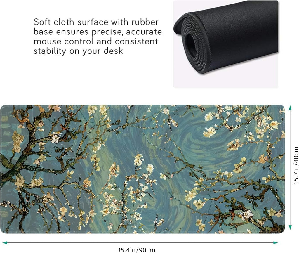 Almond Blossoms Large Mouse Pad,Gaming Keyboard Desk Pad,Extended Mouse Mat Non-Slip Rubber Base with Stitched Edges for Office Game Home XXL 35.4"x15.7"