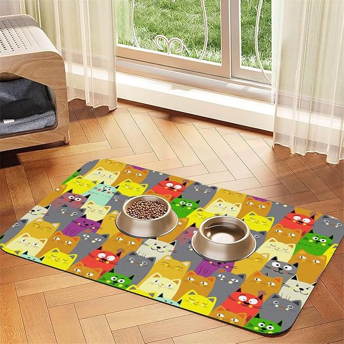 Charming Cat Dog Food Mat Absorbent Bowl Mats No Stains Quick Dry Waterproof Pet Cat Placemats for Food and Water, 30x45cm