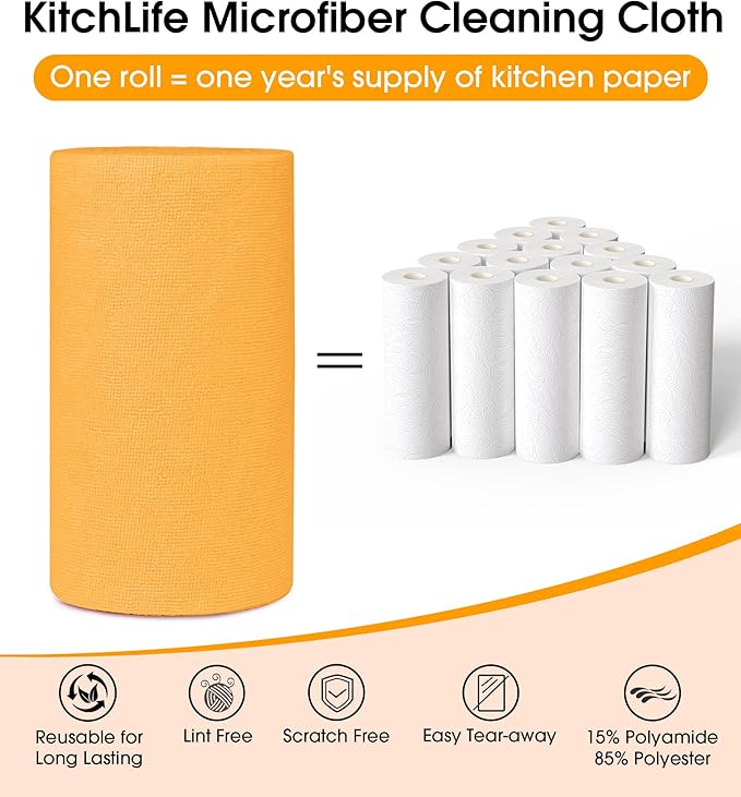 KitchLife Microfiber Cleaning Cloth Roll, 100 Pack - Tear-Away Microfiber Paper Towels, Lint-Free, Reusable, Washable for Kitchen, Car, Dishes, and Sensitive Surfaces (Tangerine Yellow)