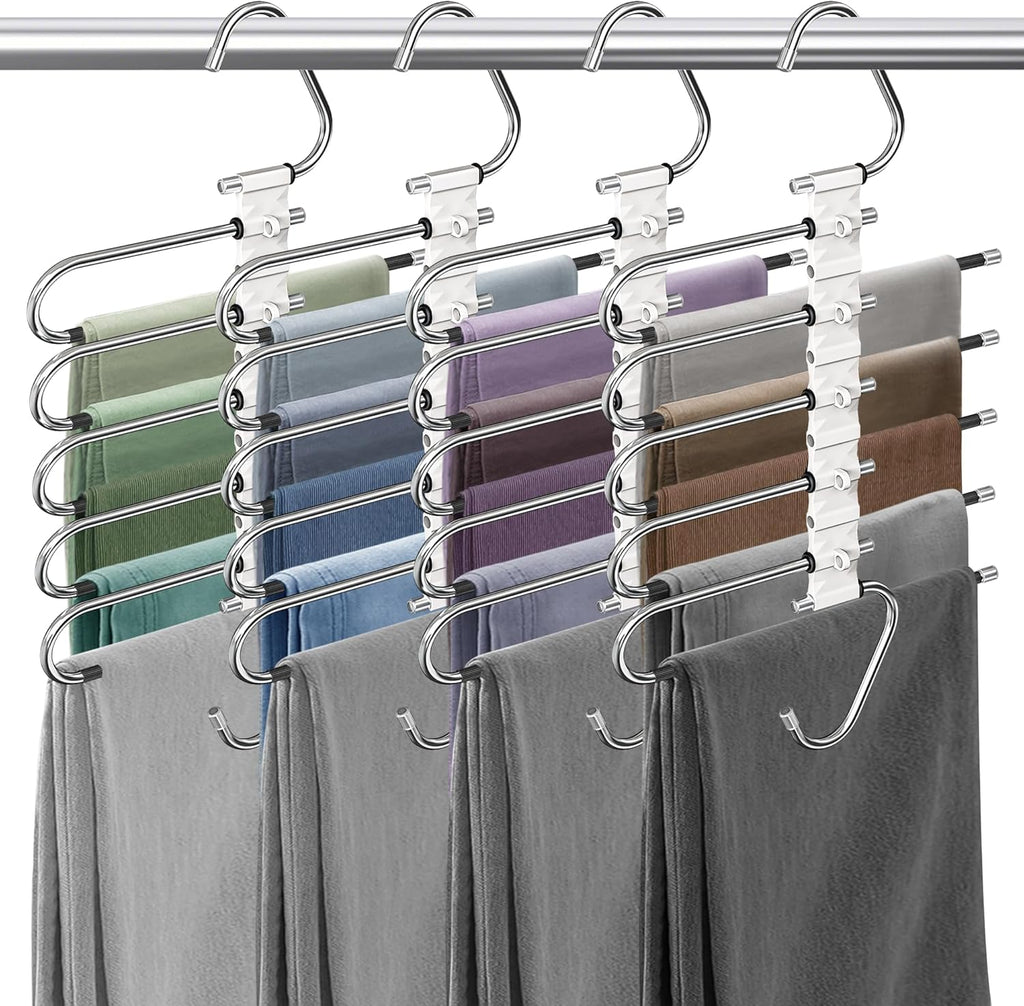 Upgrade Pant Hangers Space Saving, Non Slip Stainless Steel Multifunctional Pants Rack S-Type Clothes Pant Closet Hanger Organizer with Hooks for Pants Jeans Trousers Scarf Skirts (Pure White, 4 Pack)