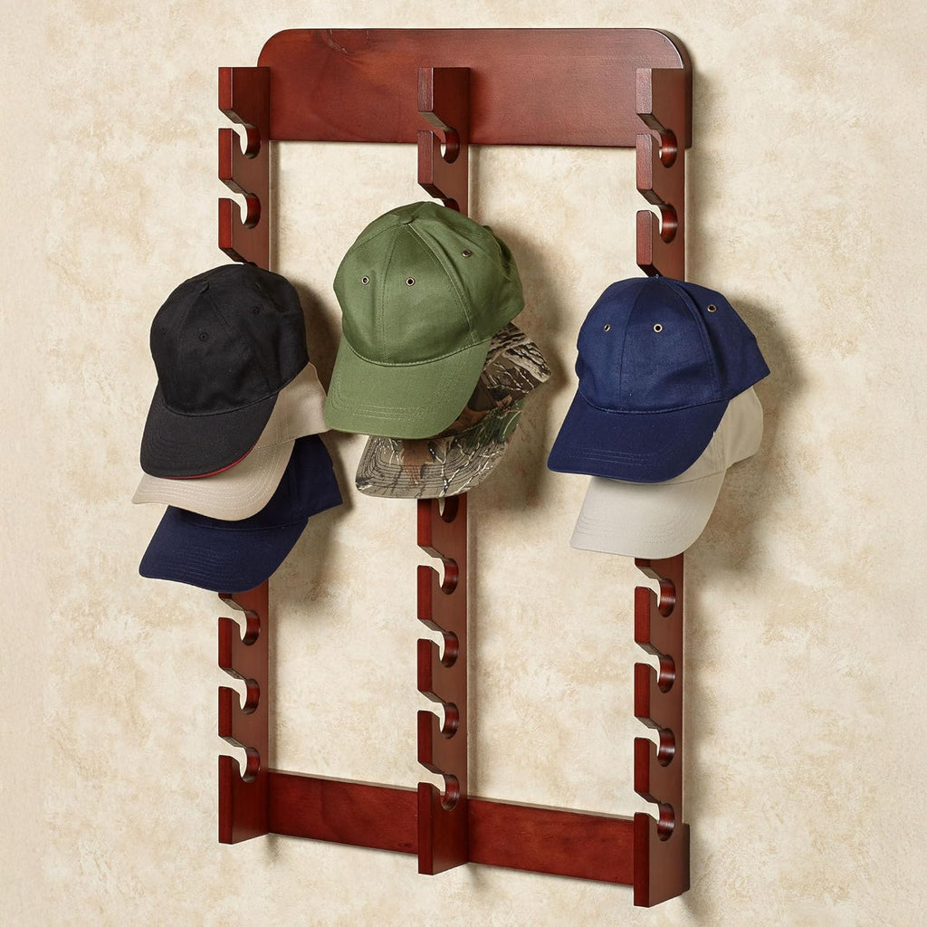 Touch of Class Wooden Ball Cap Display Wall Rack - Classic Cherry - Triple, 30 Slots - Baseball Hat Display - Made of Wood - Class Racks for Hats - Organizer for Bedroom, Living Room, Entryway
