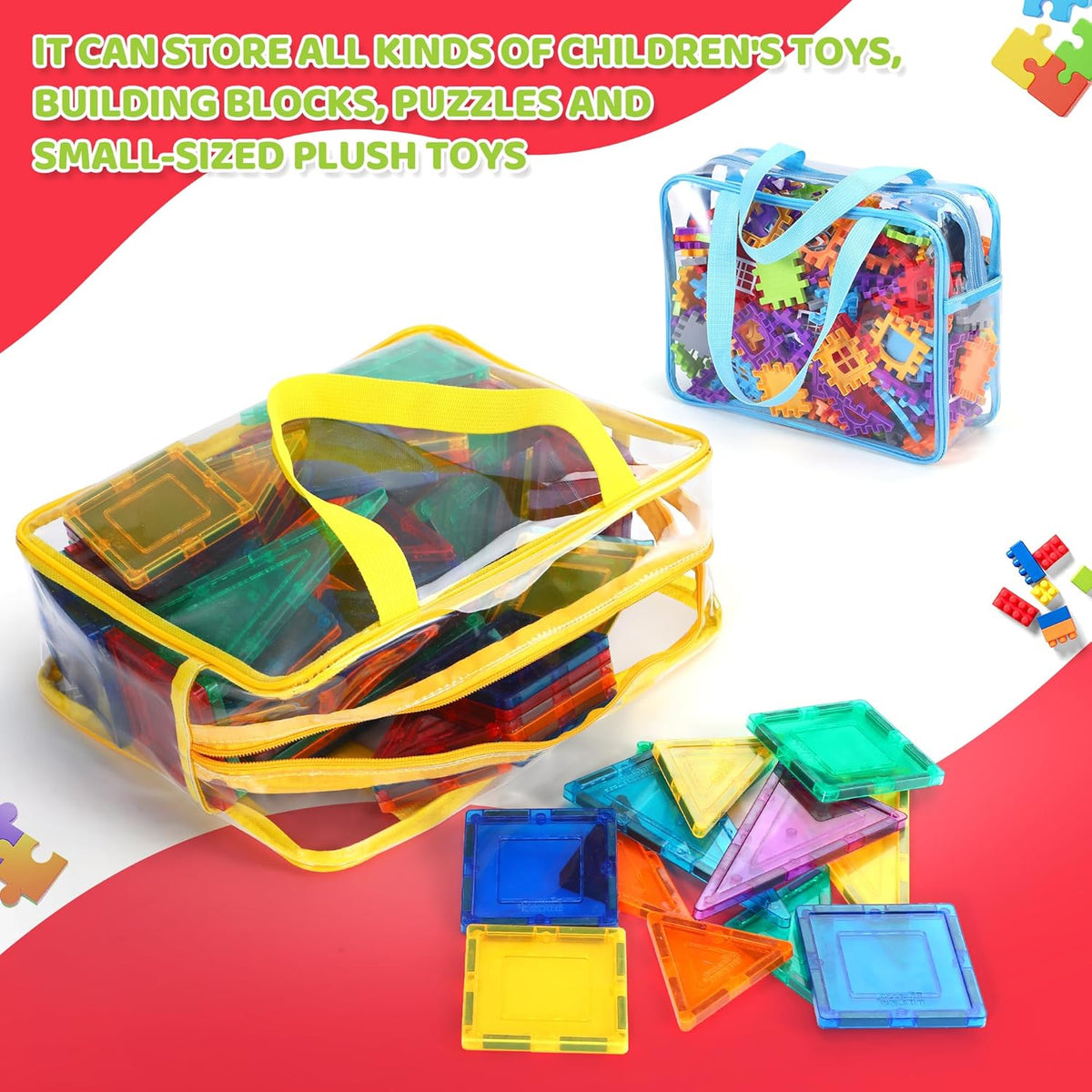 6 Packs Large Toy Storage Bags,Clear Waterproof PVC Toy Storage Organizer with Zipper,Reusable Travel kids Organizer Bags for Board Game,Building Blocks and Puzzles,Colorful