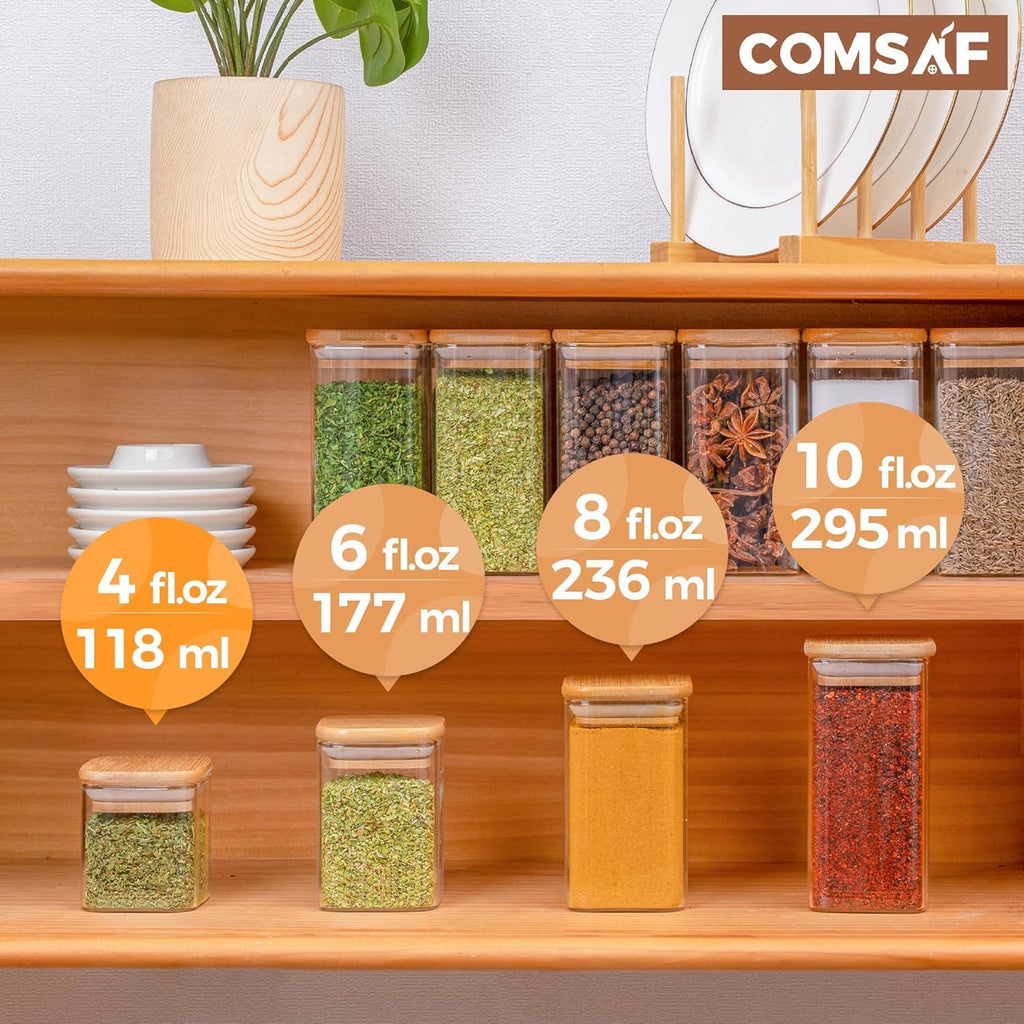 ComSaf Spice Jars with Labels 4 oz 6Pack, Small Spice Containers Starter Set, Glass Seasoning Jars with Lids, Square Seasoning Containers for Salt, Pepper, Chili Powder, Sugar, Ginger Ground, Cumin