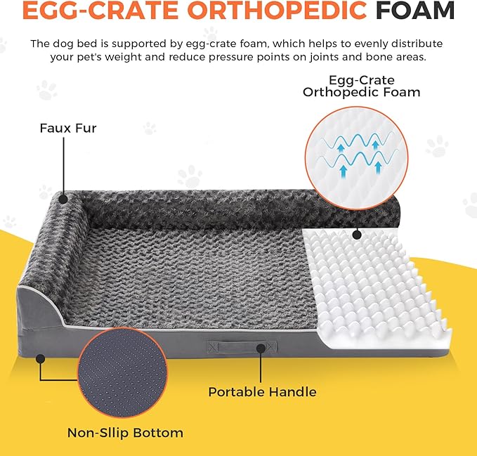 Aeroluxe Dog Bed Large Sized Dogs, Orthopedic Dog Bed for Large Dogs, Waterproof Pet Bed with Washable Removable Cover, L-Shaped Pet Couch with Portable Handle 36"x27"x6.5", Dark Grey